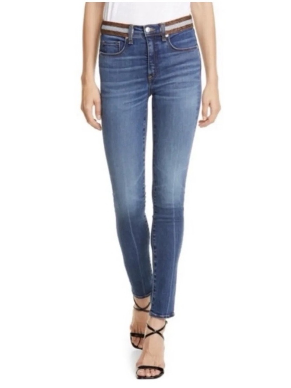 Veronica Beard Kate High Rise Skinny Jeans Metallic Waistband Medium Wash 27/4